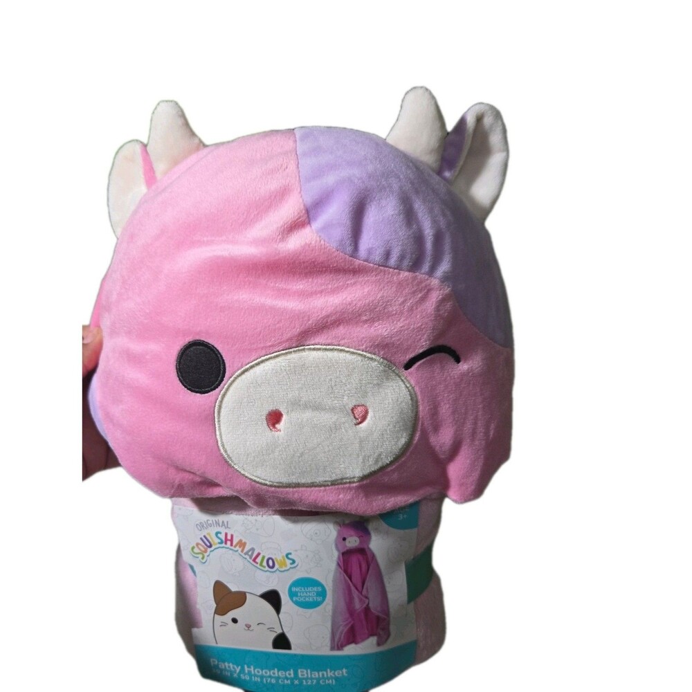 Squishmallows Kid's 30 x 50" Patty Hooded cow Throw Blanket w/ Hand Pockets